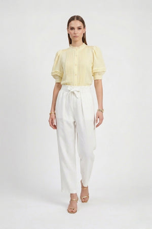 Olivia Ruffled High-Neck Pleated Short-Sleeve Blouse