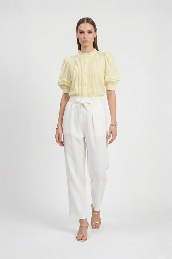 Olivia Ruffled High-Neck Pleated Short-Sleeve Blouse