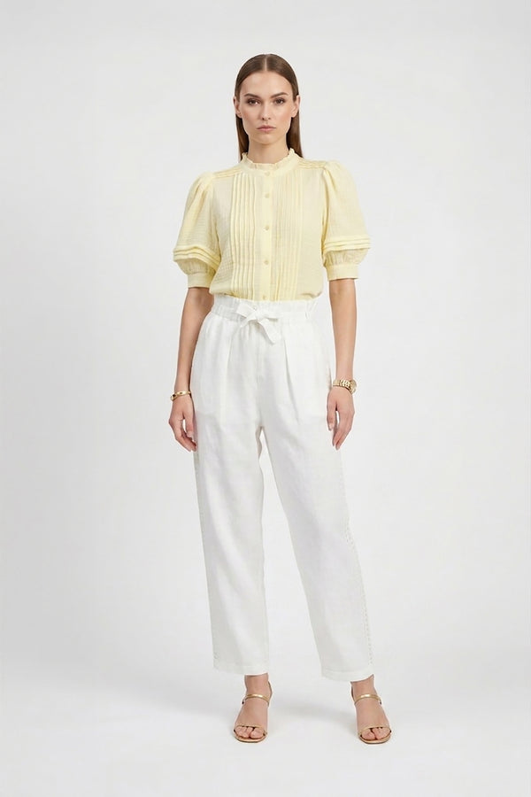 Olivia Ruffled High-Neck Pleated Short-Sleeve Blouse