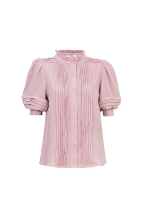 Olivia Ruffled High-Neck Pleated Short-Sleeve Blouse