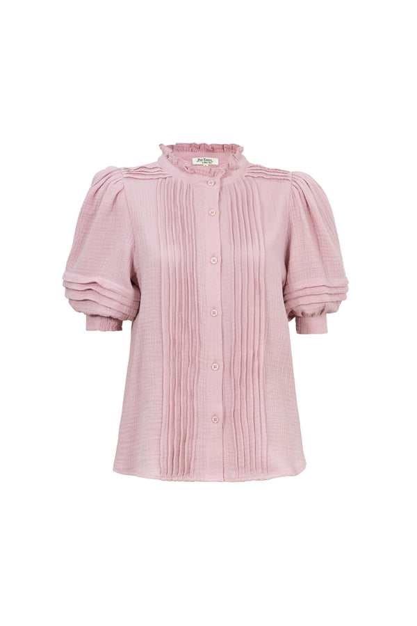 Olivia Ruffled High-Neck Pleated Short-Sleeve Blouse