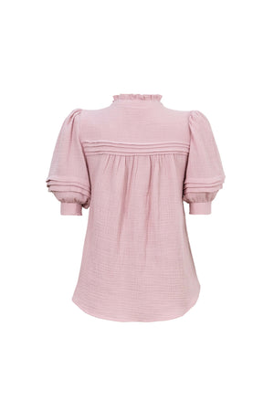 Olivia Ruffled High-Neck Pleated Short-Sleeve Blouse