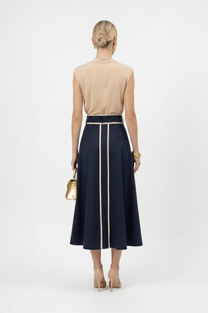 Elena Contrast-Trim A-Line Midi Skirt