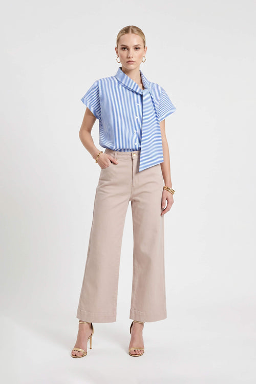 Inés Tie Neck Striped Short Sleeve Camisa 752994 AZU