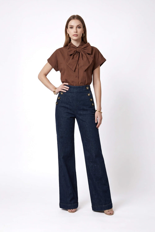 Inés Tie Neck Striped Short Sleeve Camisa 752994 CAF