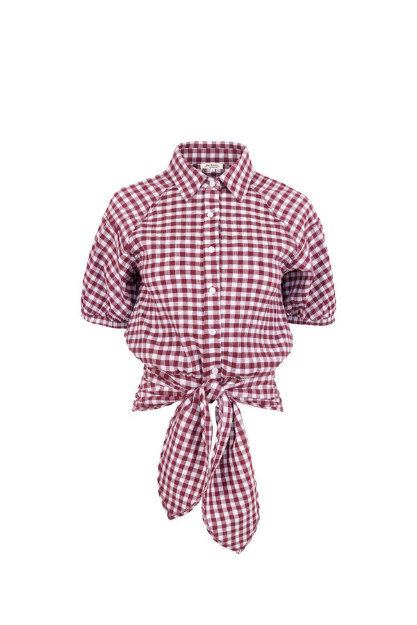 Lucía Gingham Tie-Front Smocked Blusa 753010 BUR