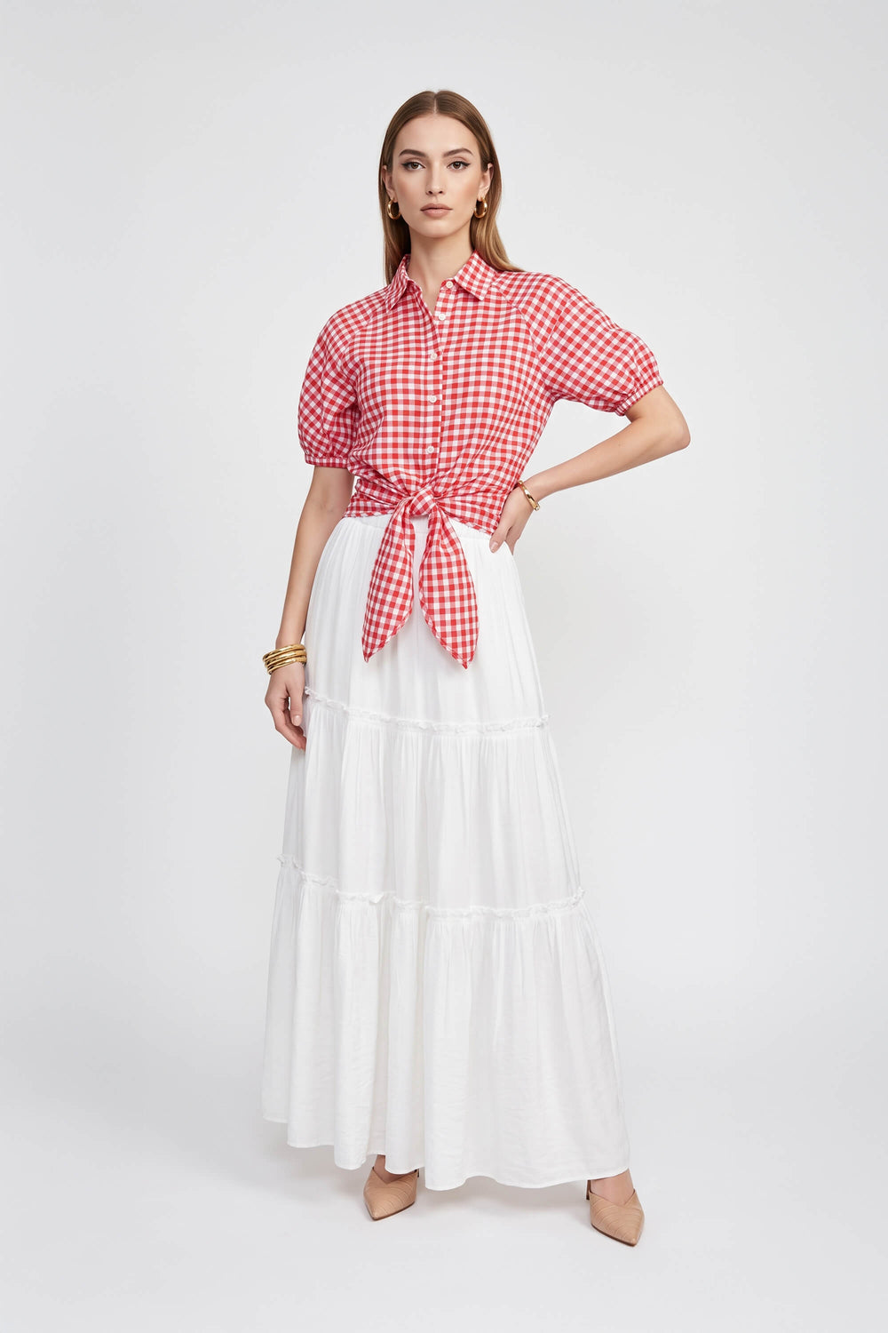 Lucía Gingham Tie-Front Smocked Blusa 753010 ROJ