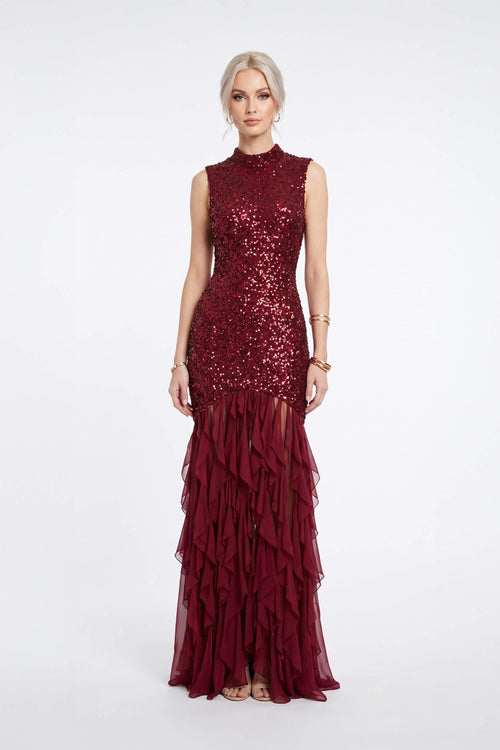 *Olimpia Sequin High-Neck Ruffled Maxi Vestido 820087 VIN