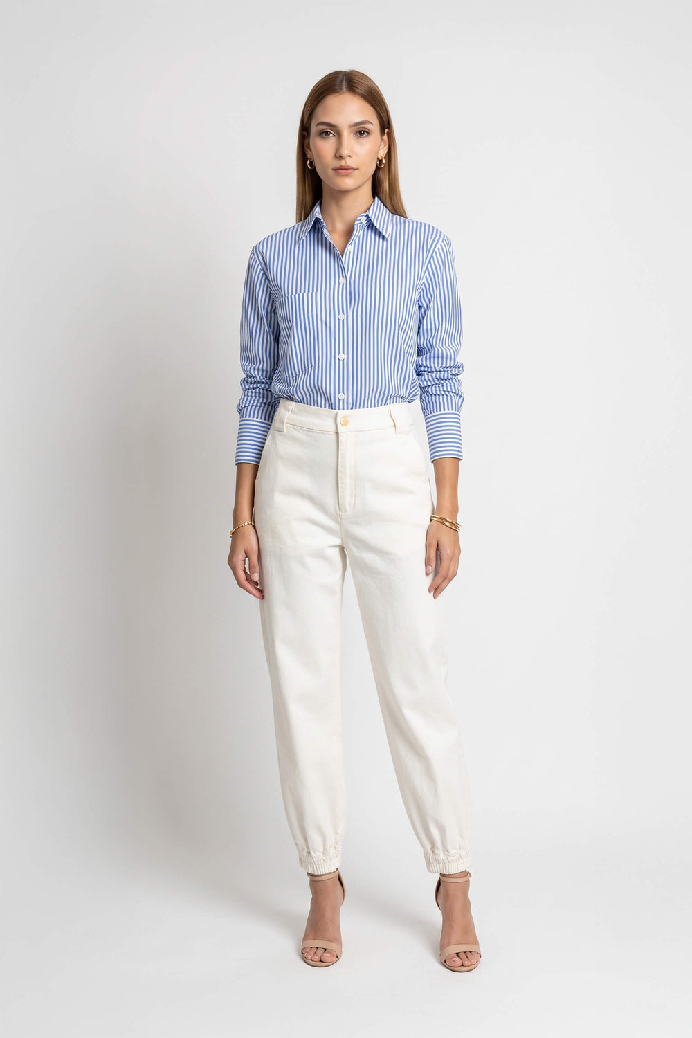 Adelina Ruffle-Trim Striped Camisa 752934DEN - Reina Diaz