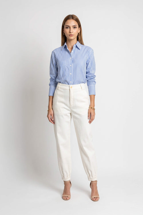 Adelina Ruffle-Trim Striped Camisa 752934DEN - Reina Diaz