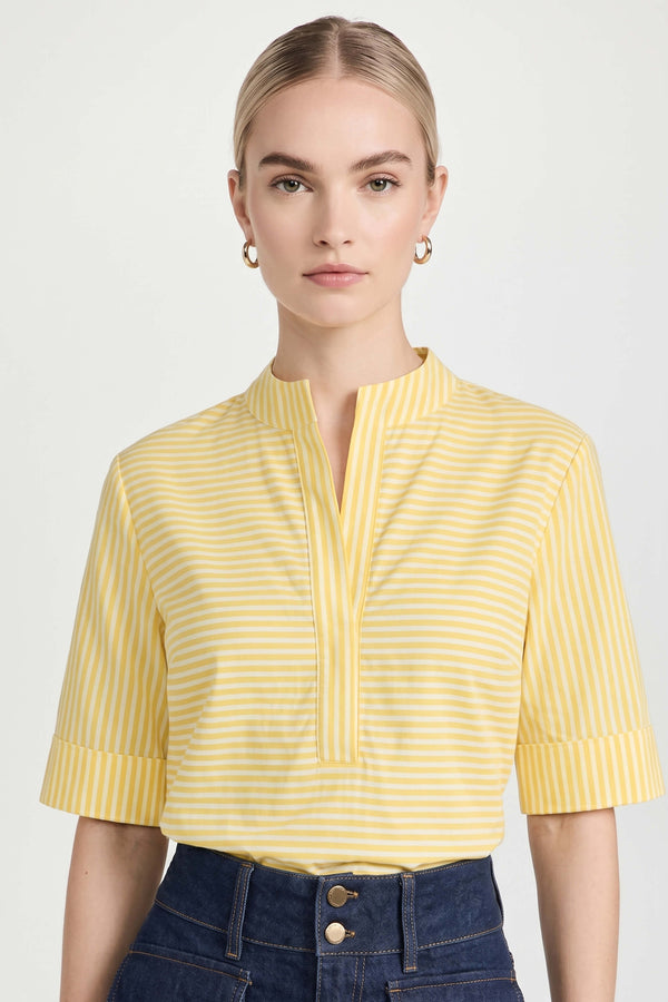 Alexa Mandarin-Collar Short-Sleeve Blusa - Reina Diaz