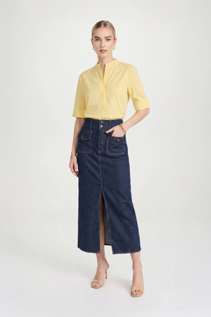 Alexa Mandarin-Collar Short-Sleeve Blusa - Reina Diaz