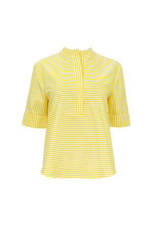 Alexa Mandarin-Collar Short-Sleeve Blusa - Reina Diaz