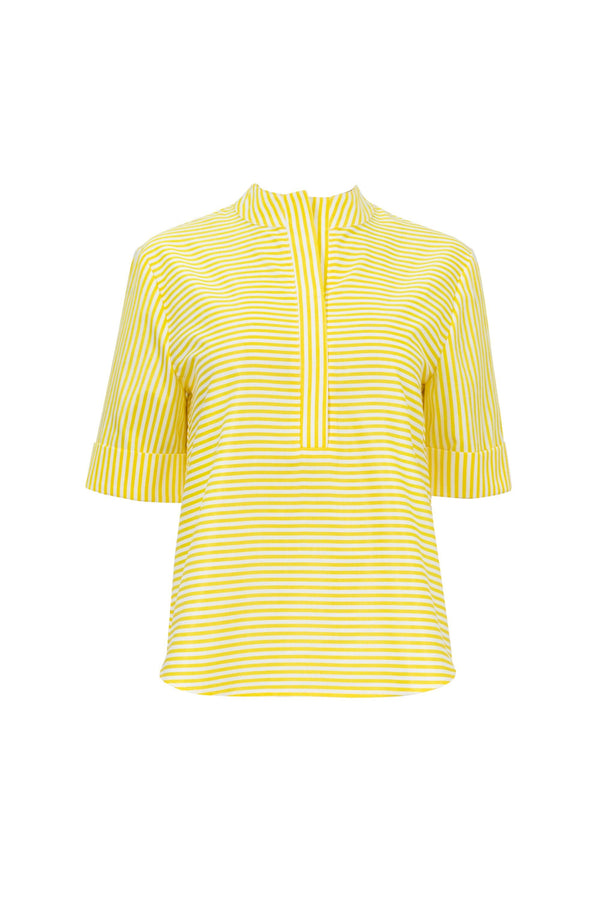 Alexa Mandarin-Collar Short-Sleeve Blusa - Reina Diaz