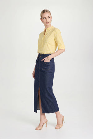 Alexa Mandarin-Collar Short-Sleeve Blusa - Reina Diaz