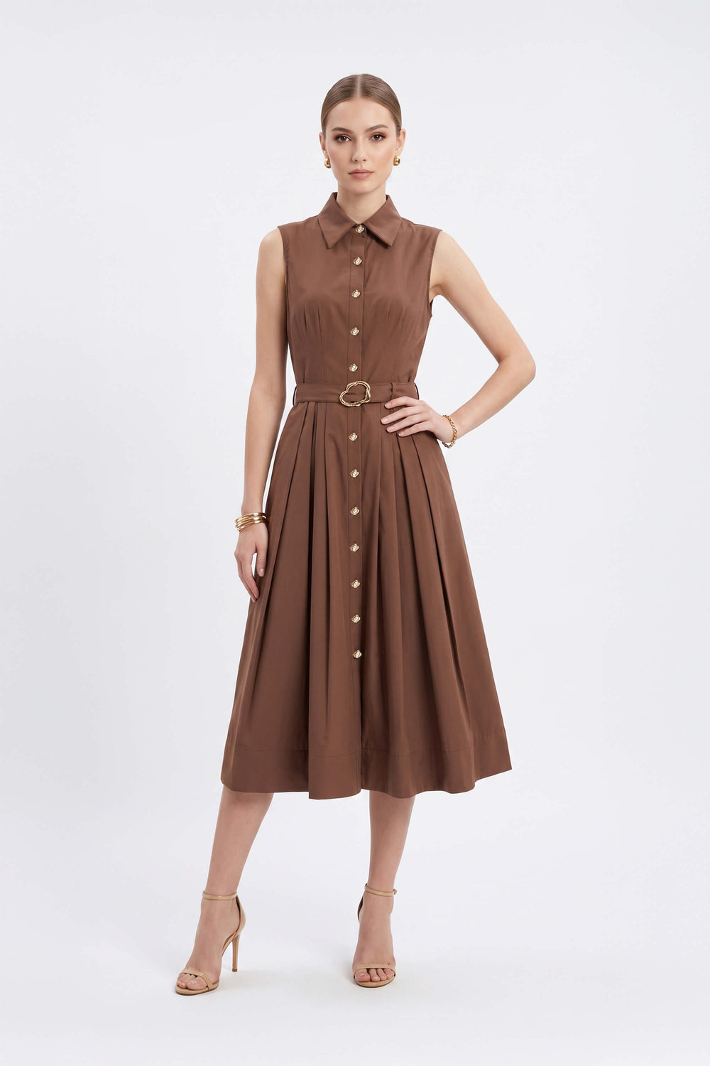 Alexa Sleeveless Pleated Shirt Midi Vestido 723179 CAF - Reina Diaz