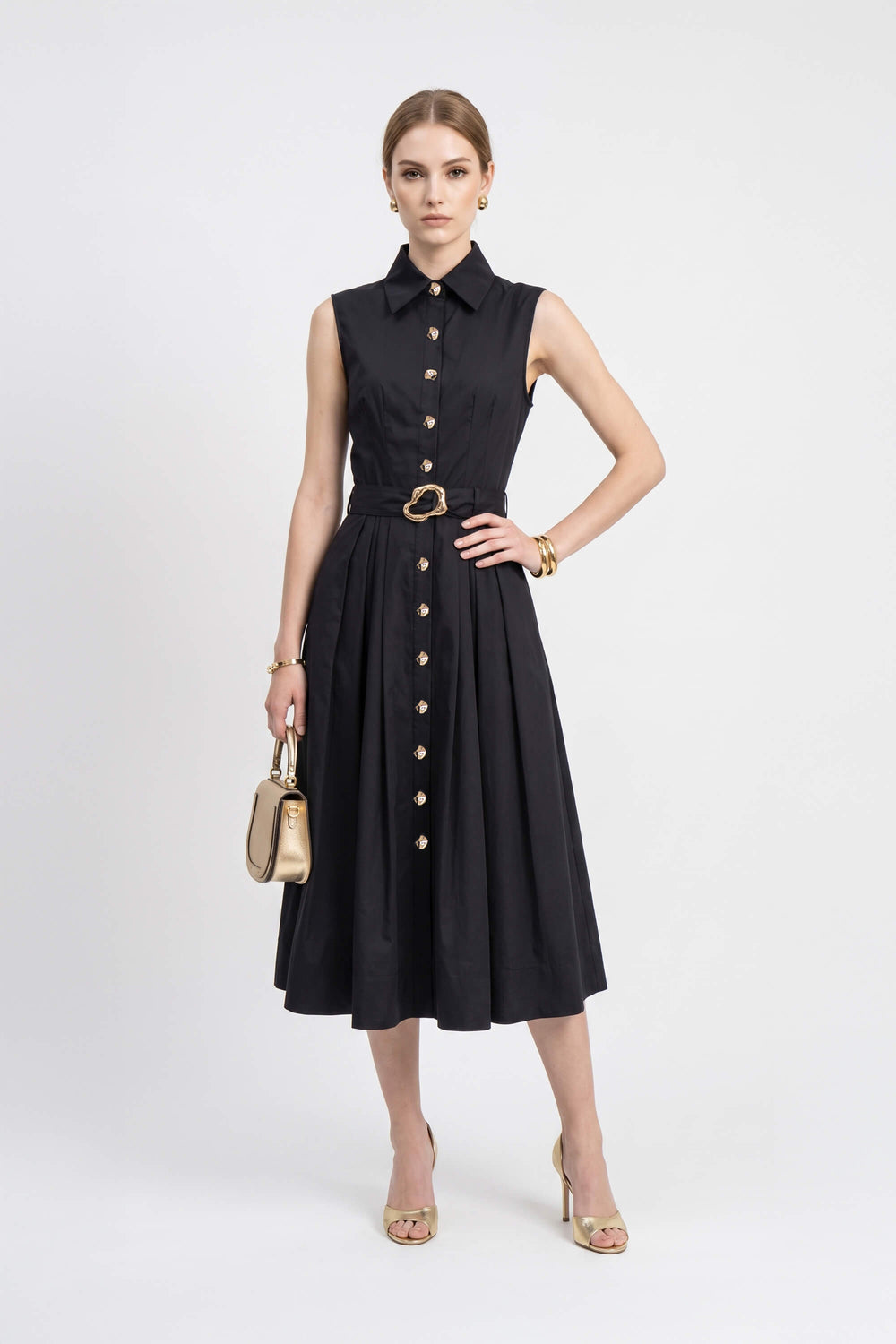 Alexa Sleeveless Pleated Shirt Midi Vestido 723179 NEG - Reina Diaz