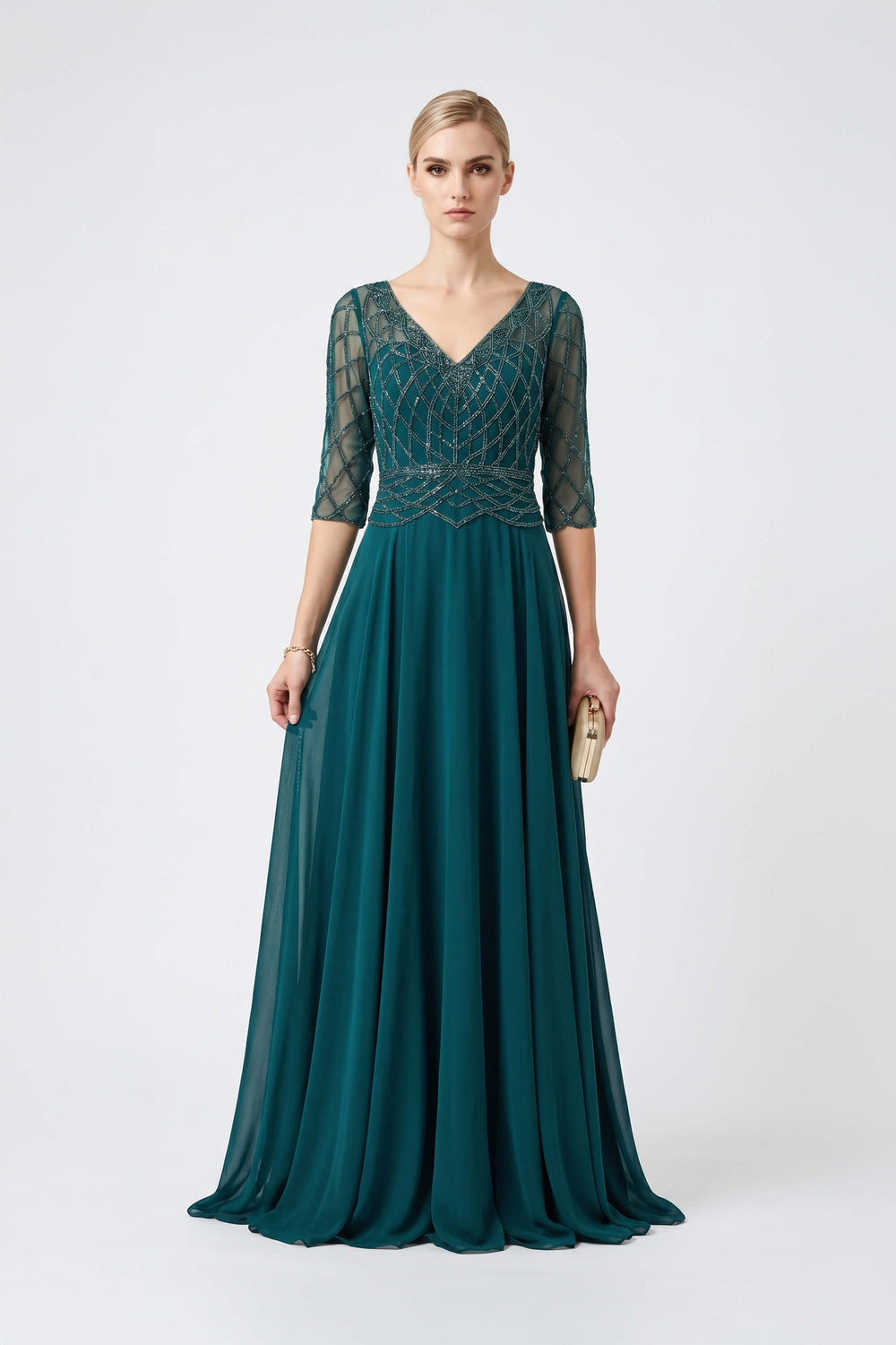 Alexa V-Neck 3/4-Sleeve Vestido Fiesta - Reina Diaz