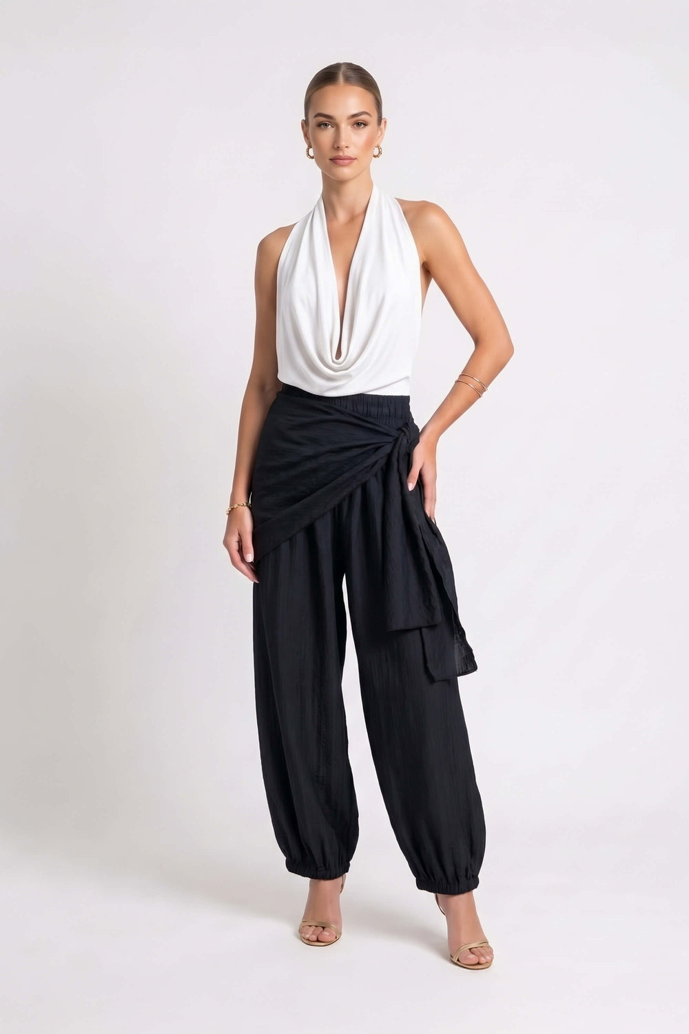 Amalia Drape Tie-Front Harem Pantalón 731180 NEG - Reina Diaz