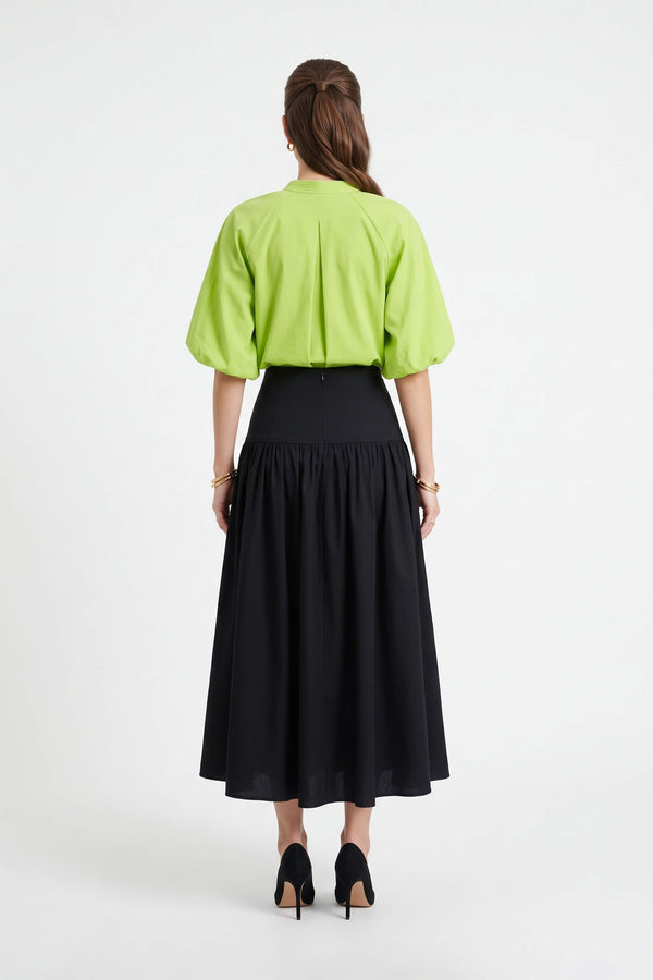 Amalia Drop-Waist Gathered Midi Falda 541377 NEG - Reina Diaz