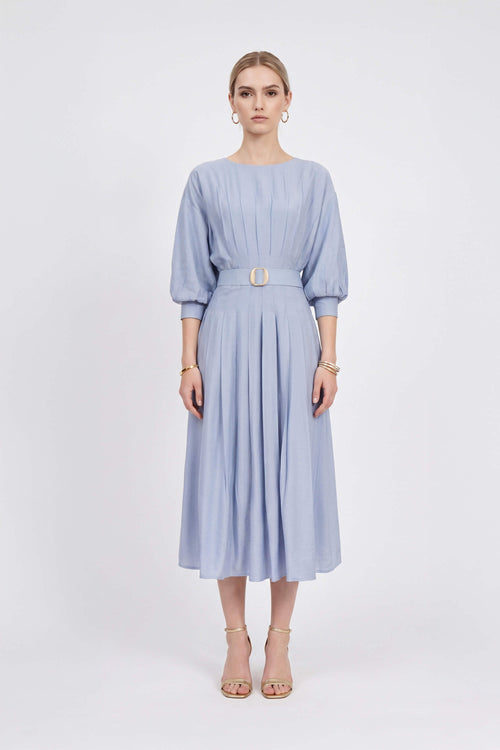 Amalia Pleated-Detail Button-Down Vestido 526075 AZU - Reina Diaz