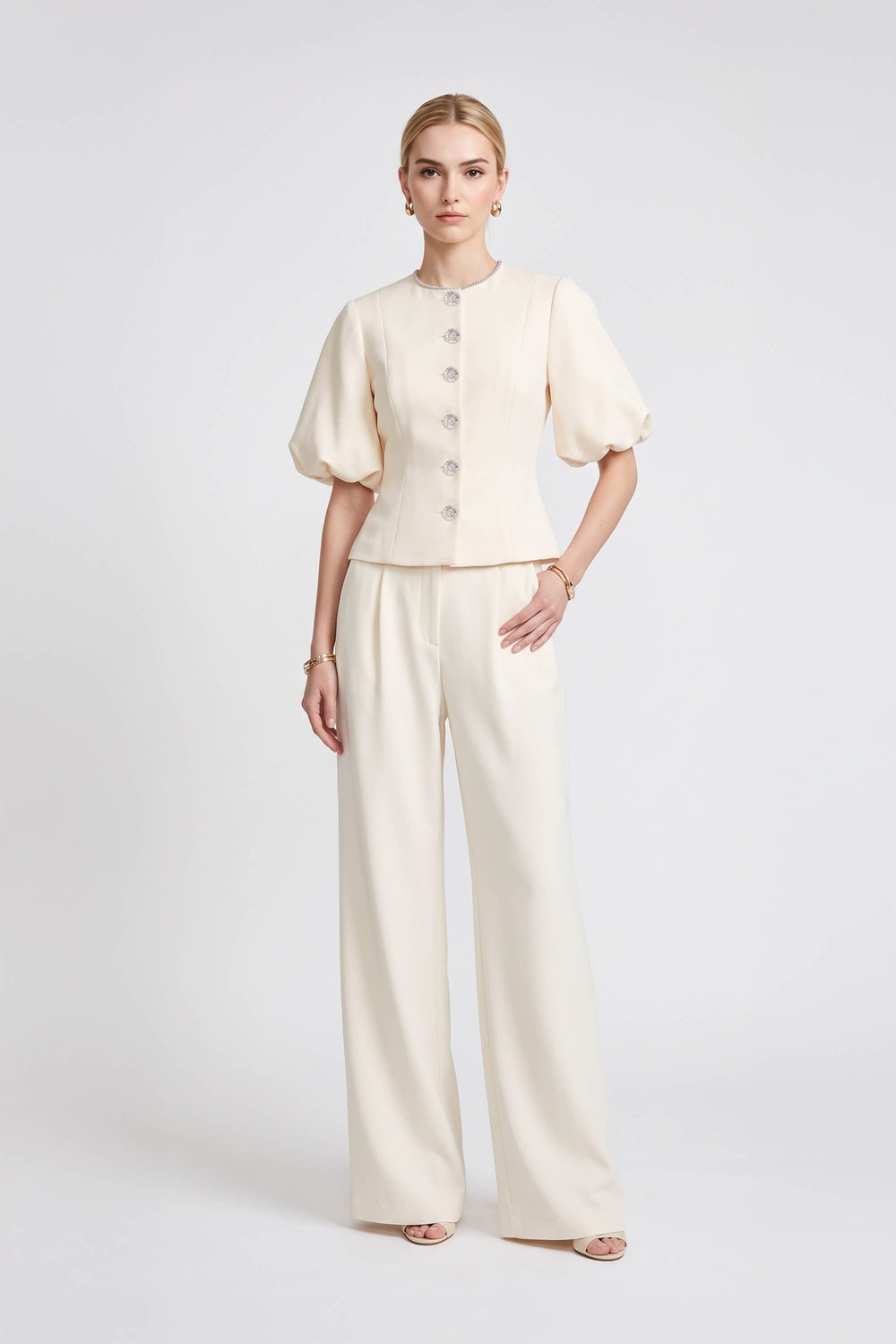 Amalia Puff-Sleeve Jewel-Button Cream Saco 501561 BEI - Reina Diaz