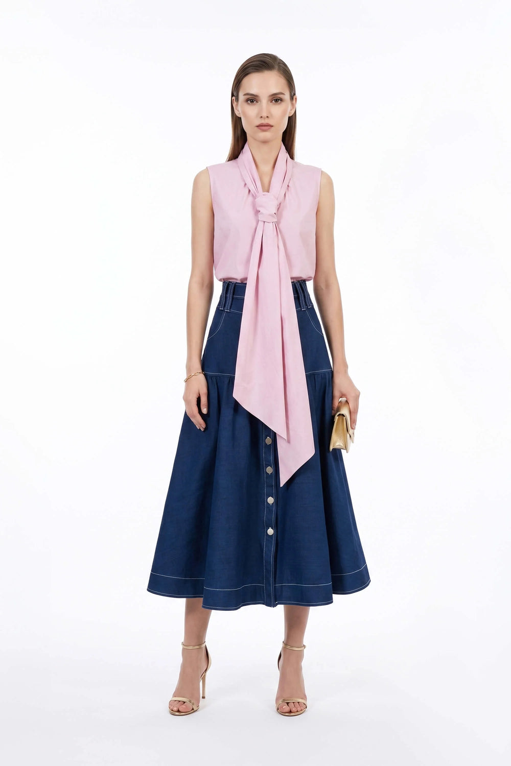 Amberes Contrast - Stitch Denim Midi Skirt - Reina Diaz