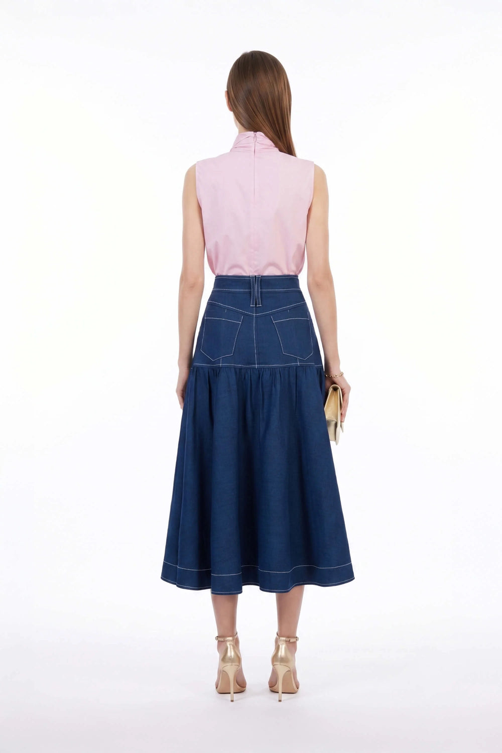 Amberes Contrast - Stitch Denim Midi Skirt - Reina Diaz