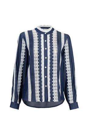 Ancona Lace - Trimmed Chambray Cotton Blouse - Reina Diaz