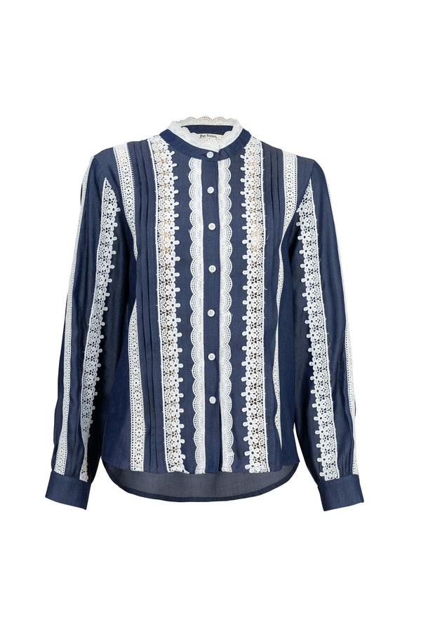 Ancona Lace - Trimmed Chambray Cotton Blouse - Reina Diaz
