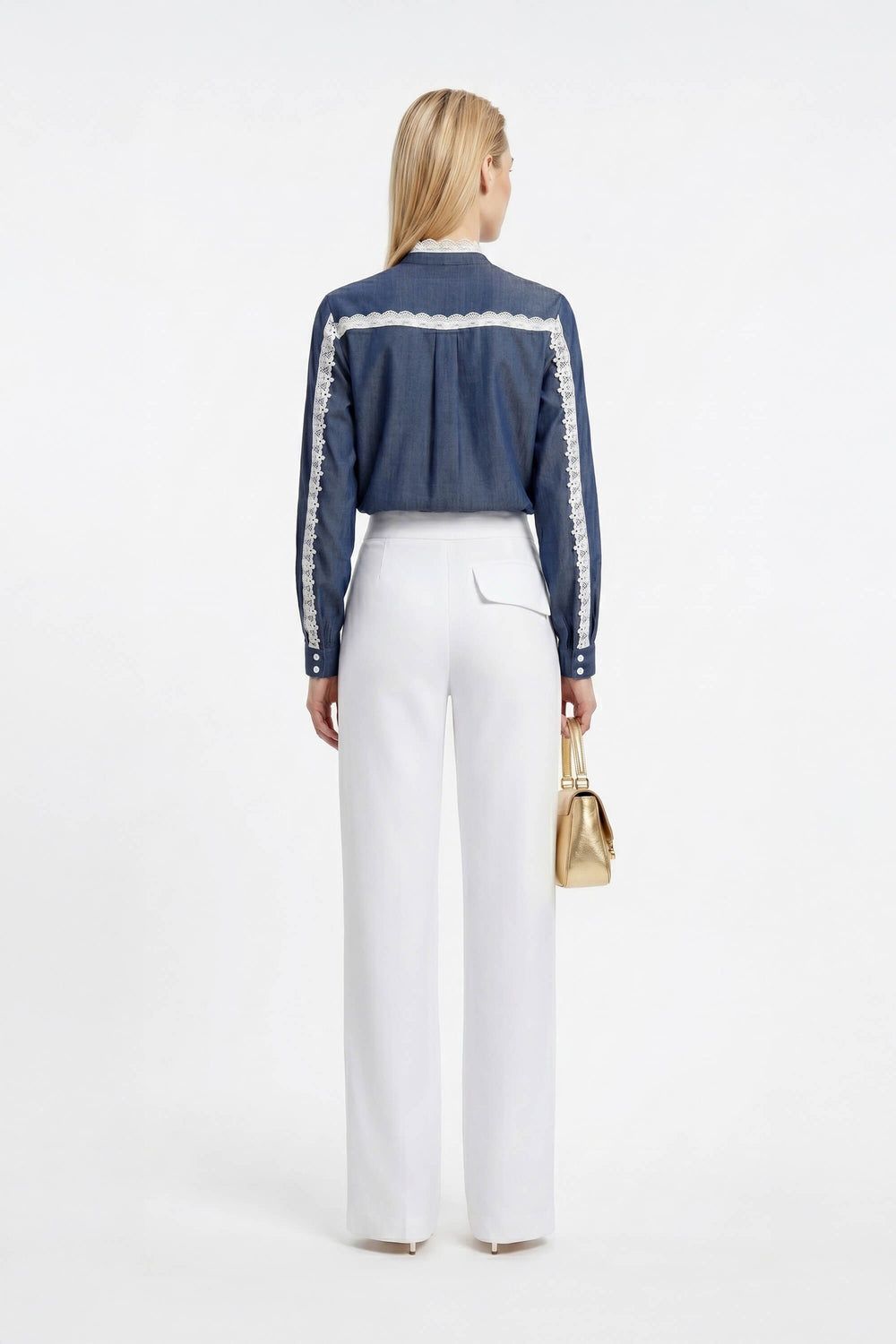 Ancona Lace - Trimmed Chambray Cotton Blouse - Reina Diaz