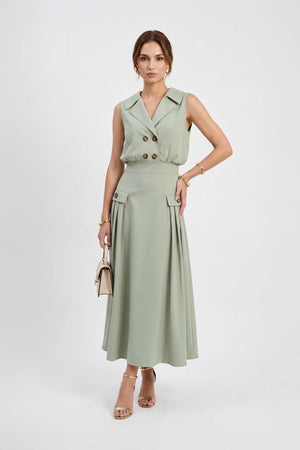 Antonia Notch-Lapel Double-Breasted Midi Vestido 526276MUS - Reina Diaz