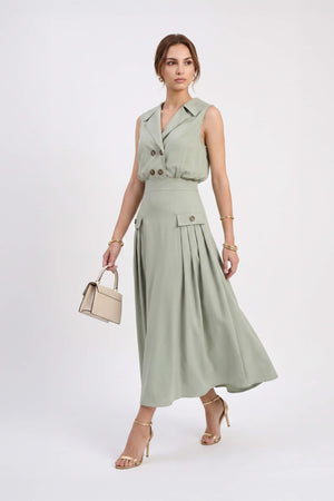 Antonia Notch-Lapel Double-Breasted Midi Vestido 526276MUS - Reina Diaz