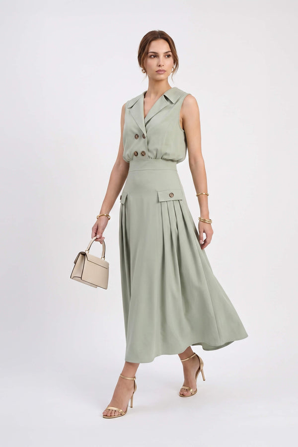 Antonia Notch-Lapel Double-Breasted Midi Vestido 526276MUS - Reina Diaz