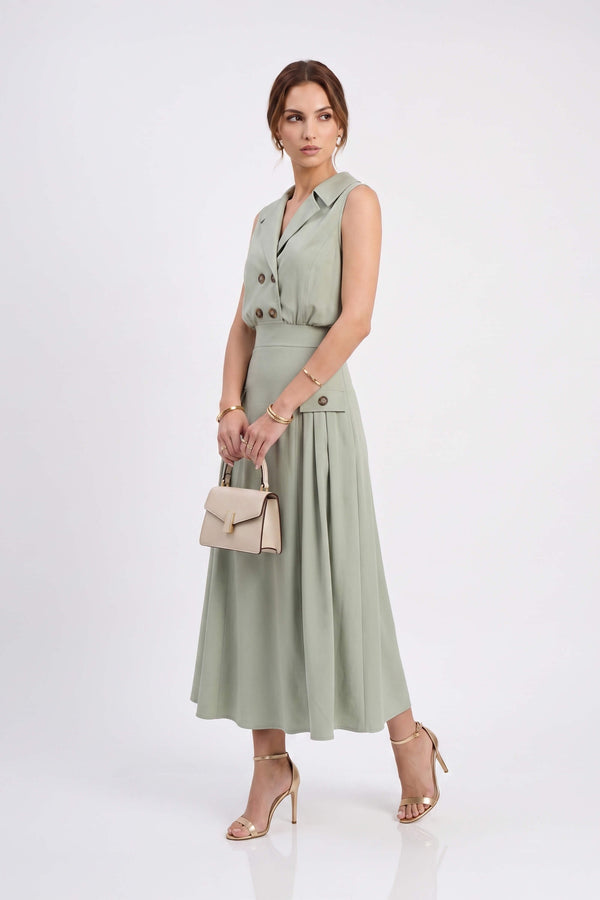 Antonia Notch-Lapel Double-Breasted Midi Vestido 526276MUS - Reina Diaz