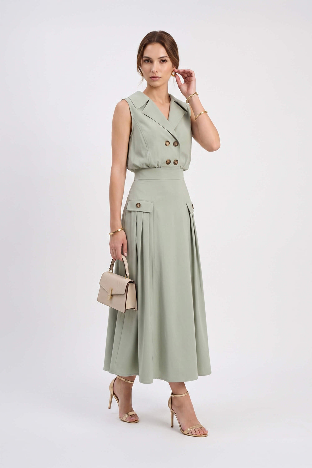 Antonia Notch-Lapel Double-Breasted Midi Vestido 526276MUS - Reina Diaz