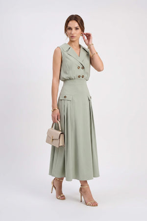 Antonia Notch-Lapel Double-Breasted Midi Vestido 526276MUS - Reina Diaz
