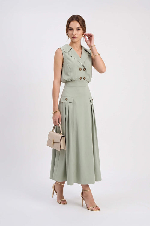 Antonia Notch-Lapel Double-Breasted Midi Vestido 526276MUS - Reina Diaz