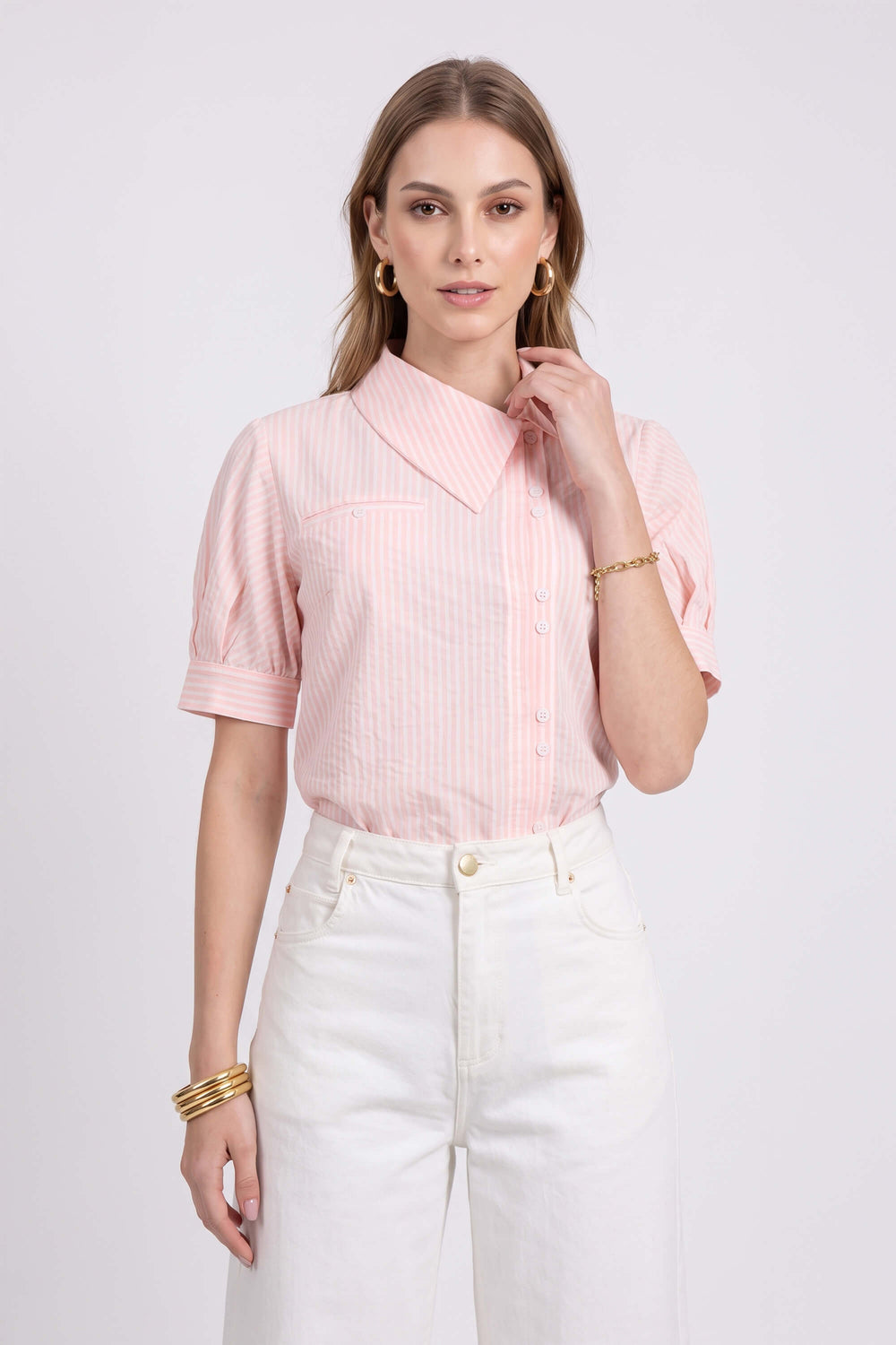 Beatrice Asymmetric Striped Puff Sleeve Blusa 752967 ROS - Reina Diaz