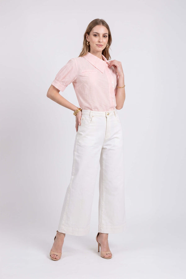 Beatrice Asymmetric Striped Puff Sleeve Blusa 752967 ROS - Reina Diaz