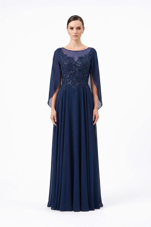 Beatrice Cape Beaded Long Vestido 421466 MAR - Reina Diaz
