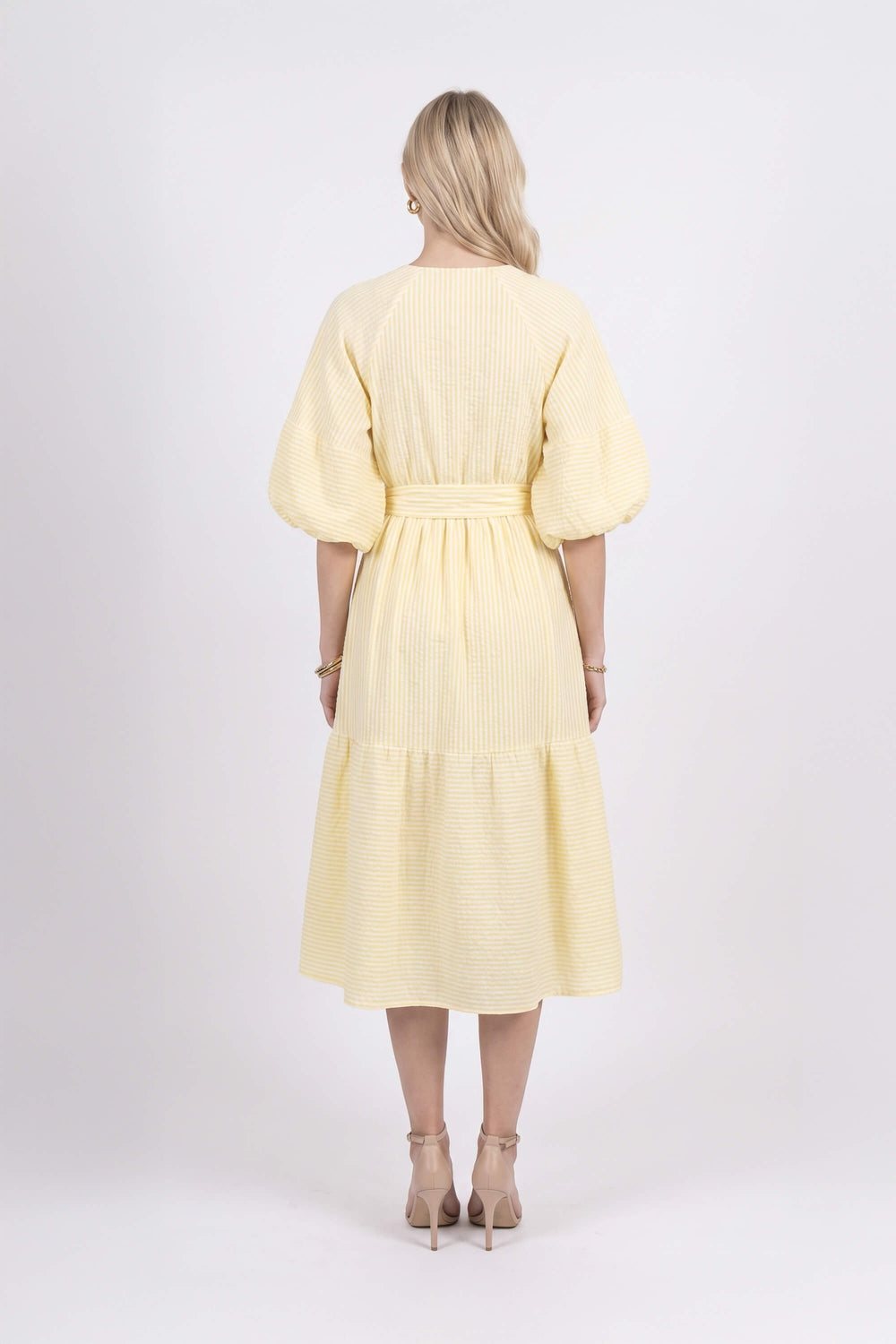 Beatrice Striped Puff Sleeve Midi Vestido 723107 AMA - Reina Diaz