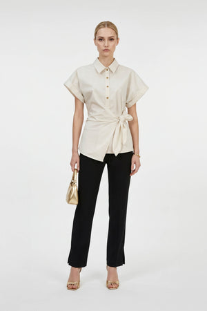 Begonia Knot-Detail Asymmetric Short-Sleeve Shirt 554297 BEI - Reina Diaz