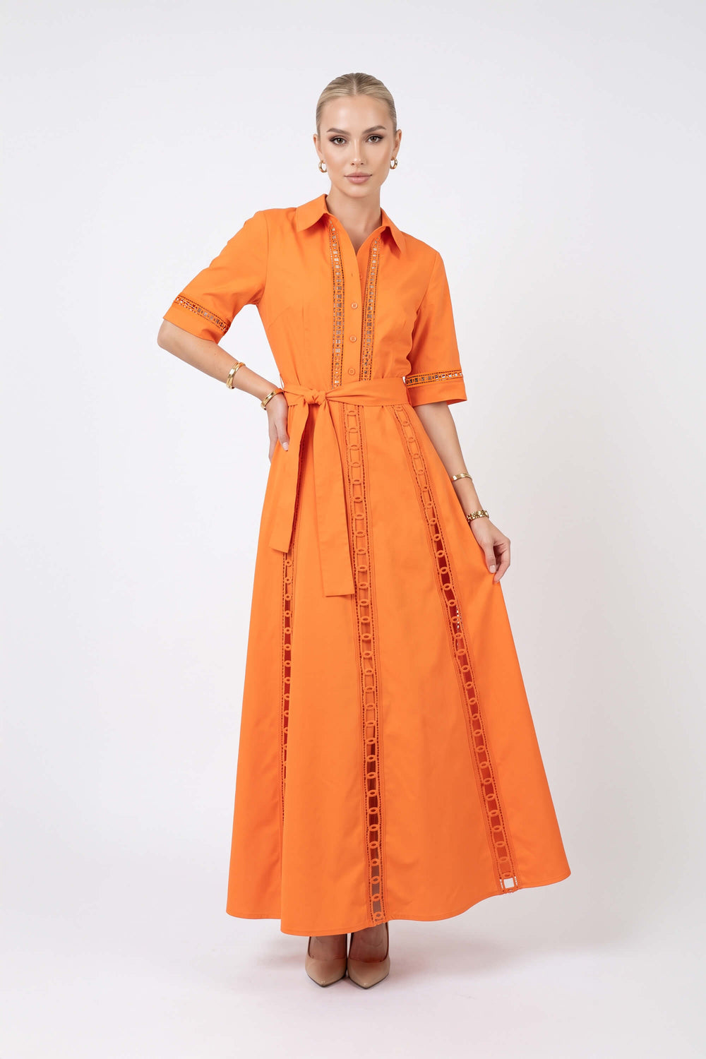 Berenice Belted Eyelet Shirt Maxi Vestido 526284 NAR - Reina Diaz