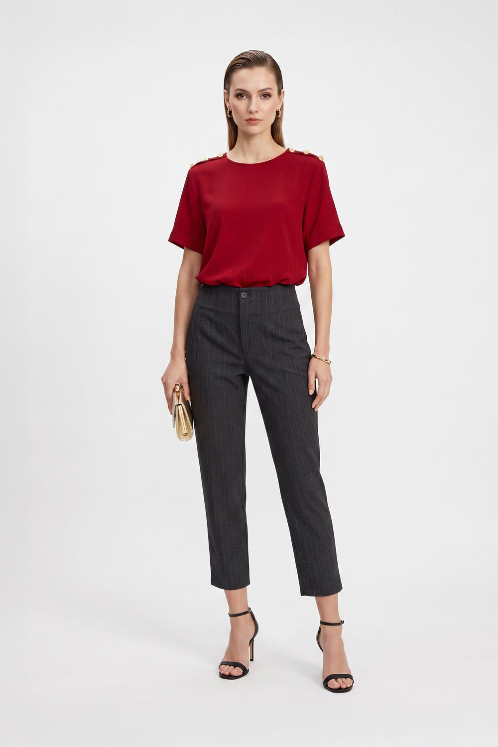 Bianca Shoulder-Button Short-Sleeve Blusa 554322 - Reina Diaz