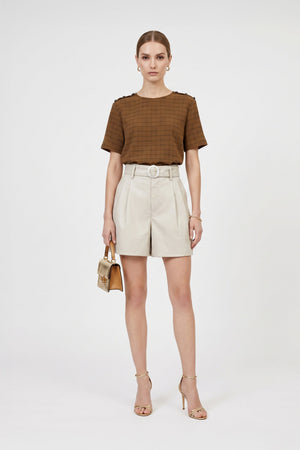 Bianca Shoulder-Button Short-Sleeve Blusa 554322 - Reina Diaz