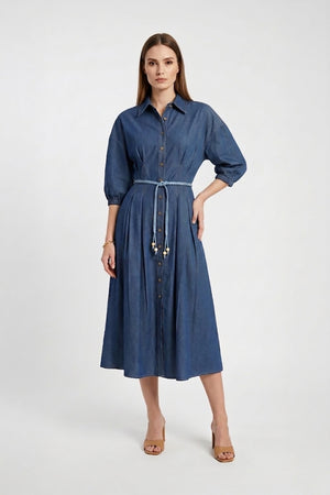 Bianca Tassel-Belted Denim Midi Shirt Dress - Reina Diaz