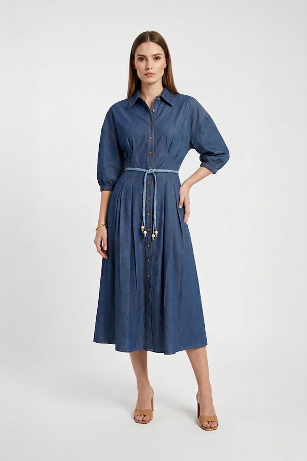 Bianca Tassel-Belted Denim Midi Shirt Dress - Reina Diaz