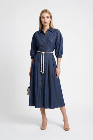 Bianca Tassel-Belted Denim Midi Shirt Dress - Reina Diaz