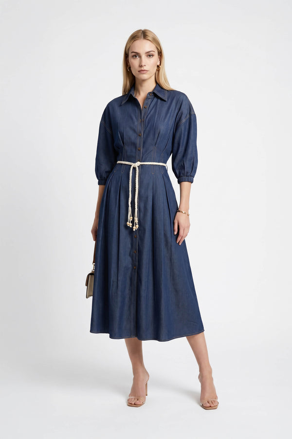 Bianca Tassel-Belted Denim Midi Shirt Dress - Reina Diaz